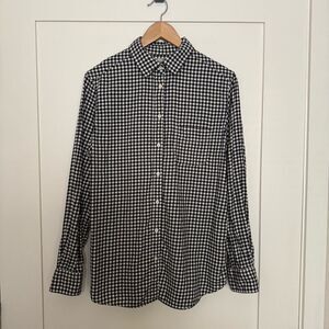 Uniqlo Flannel Shirt Womens Sz L White Black Checkered Button Up Long Sleeve